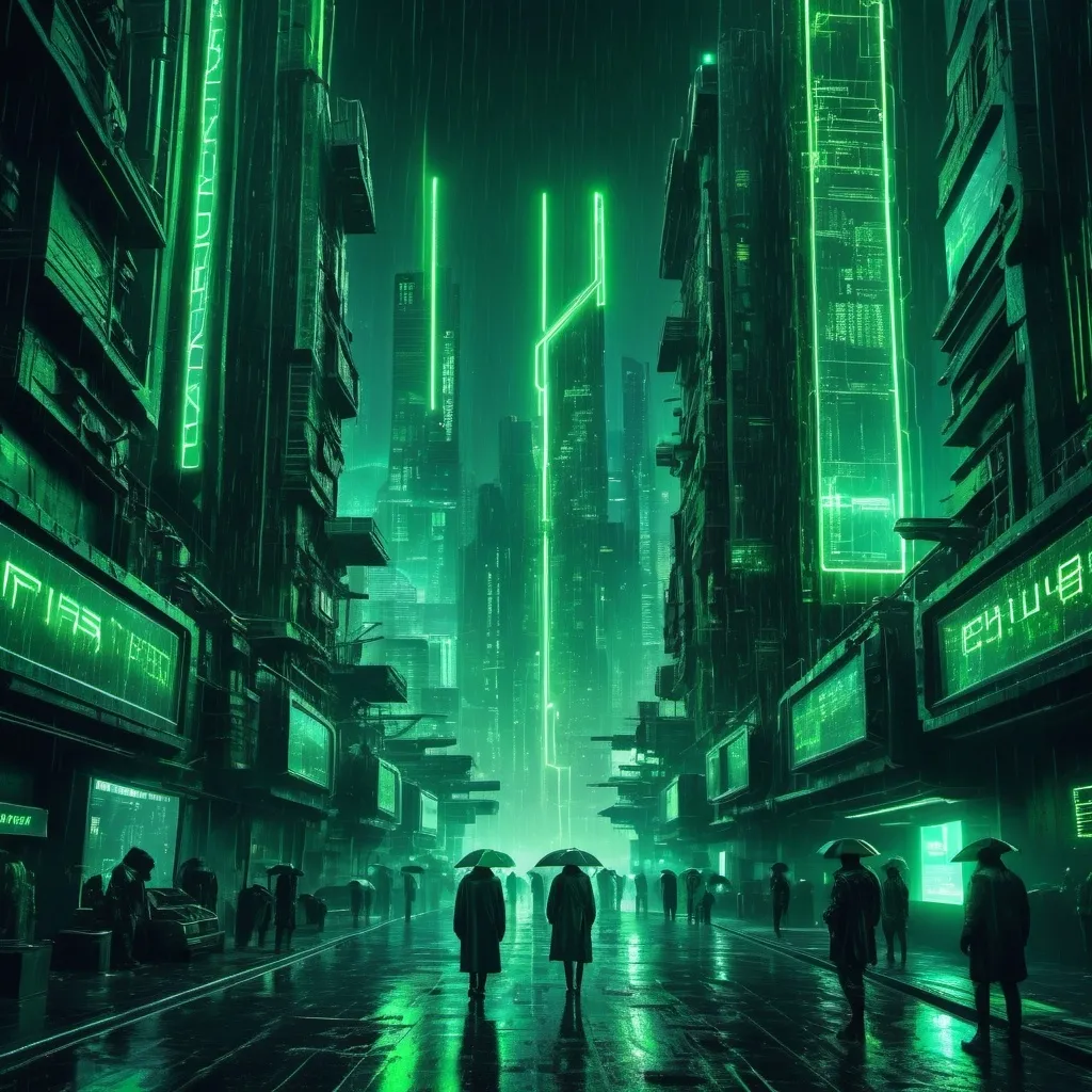 Prompt: Matrix (mysterious cyberpunk cityscape), digital rain, neon green highlights, dark and moody background, (high-tech atmosphere), intense contrast, futuristic architecture, scattered code matrix patterns, glowing elements, sleek characters in high-tech outfits, (4K resolution), vivid details, immersive and enigmatic ambiance.