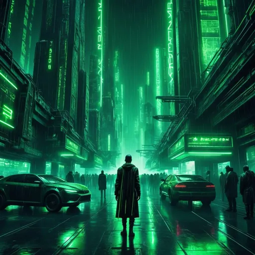 Prompt: Matrix (mysterious cyberpunk cityscape), digital rain, neon green highlights, dark and moody background, (high-tech atmosphere), intense contrast, futuristic architecture, scattered code matrix patterns, glowing elements, sleek characters in high-tech outfits, (4K resolution), vivid details, immersive and enigmatic ambiance.