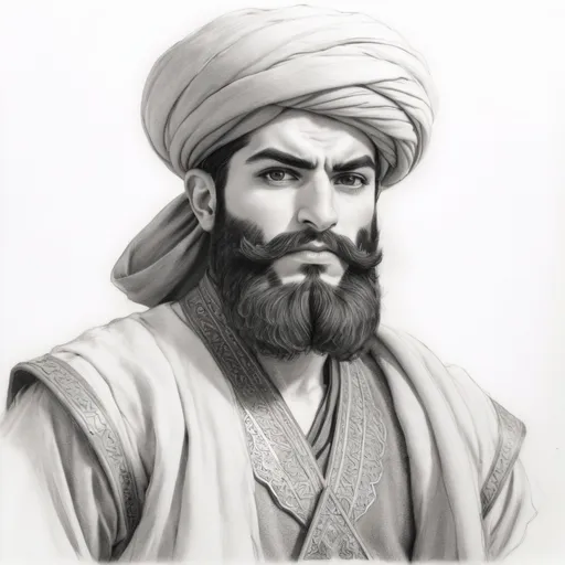 Prompt: pencil sketch of a persian champion "Rustam" from Shahname Ferdowsi, white background