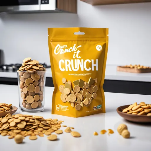 Prompt: A nutraboom company snacks product crunch it ! placed on a table in the kitchen. The snacks is golden in colour and has round flate shape