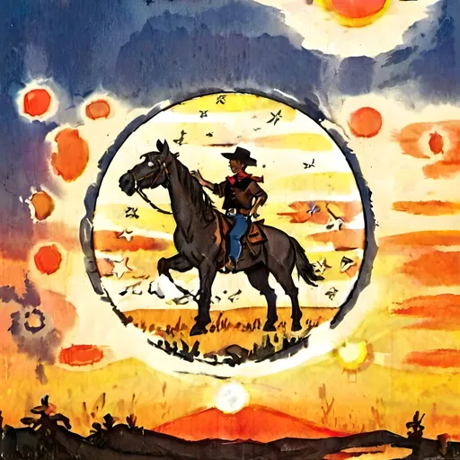 Prompt: Cowboy on a horse holding a frisbee. silhouette in front of sunset. 