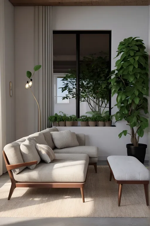 Prompt: a living room with a couch, chair, ottoman and coffee table in it and a plant in the corner, Enguerrand Quarton, light and space, unreal engine 5 highly rendered, a 3D render