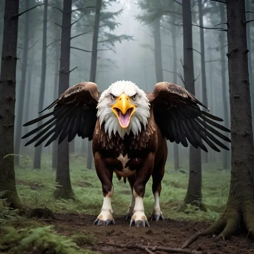 Prompt: Eagle and cow fusion in scary forest 