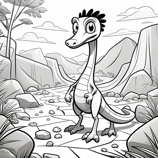 Prompt: A cartoon-style scene with thick, clear, solid black lines and no shading, suitable for a children's coloring book:

Main Character: A clever Troodon with a slightly larger head and expressive eyes to emphasize intelligence, engaging in solving a puzzle made of rocks and sticks. The puzzle resembles a simple maze or stacking game, placed on a flat rock surface.

Setting: A forest clearing with tall, simple trees in the background and large ferns on the sides. The ground is uneven with minimal details to maintain simplicity.

Additional Characters: Include two or three other dinosaurs, such as a curious Triceratops and a small Stegosaurus, standing nearby and watching the Troodon with interest. They should have friendly expressions, with features simplified for a cartoon style.

Style Specifications: The illustration should have thick, clear outlines without any shading or fine detail lines, using solid black lines only. The overall composition should be engaging and easy for children aged 4-8 to color.