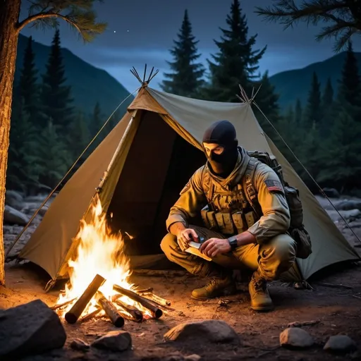 Prompt: A GI Joe (code name Nomad) expert in wilderness survival building a fire in front of his tent during the night 