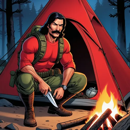 Prompt: A GI Joe (Code name Nomad) with thick dark hair and a moustache wearing a red football jersey expert in wilderness survival building a fire in front of his tent during the night i weapon is a hunting knife and an AK-47