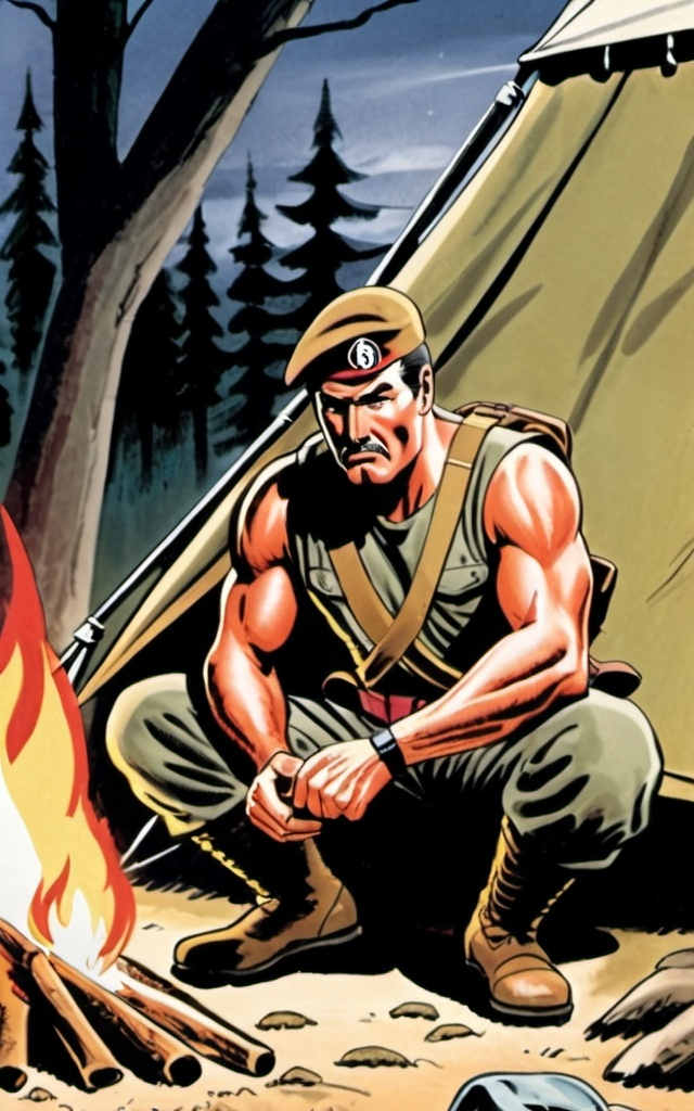 Prompt: A GI Joe (code name Nomad) expert in wilderness survival building a fire in front of his tent during the night