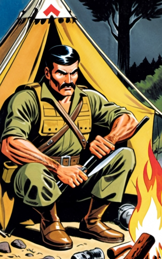 Prompt: A GI Joe (code name Nomad) expert in wilderness survival building a fire in front of his tent during the night