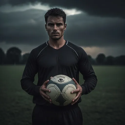 Prompt: man on field holding a ball, (dark tone), dramatic lighting, moody atmosphere, shadows enhancing depth, muted colors, expansive grassy field in the background, low cloud coverage, intense expression, focus on the ball, (high quality image), cinematic composition, emotion of determination and anticipation, hint of dusk in the ambiance.