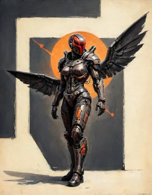 Prompt: Beautiful sci-fi concept art. Dinamic art. full body. Warrior with lLED Helmet and ninja armor, humanoid style body. [[replace eyes for LEDS bar focus]].Technologic orange suite. dinamic motorcicle  helmet with LEDS sci-fi. helmet with mechanical wing ears. scarlet red background, orange,  yellow and dark elements, H.R Giger style reference. futristic style. Cyberpunk 0.6. .  3/4 view of body character.
