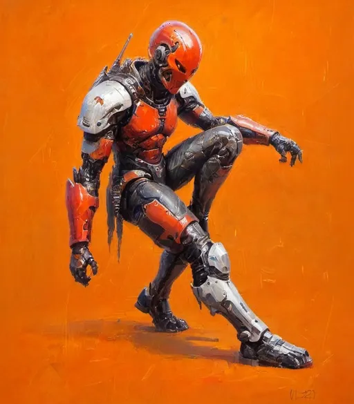 Prompt: Beautiful sci-fi concept art. Dinamic art. full body. Warrior with lLED Helmet and ninja armor, humanoid style body. [[replace eyes for LEDS bar focus]].Technologic orange and black suite. dinamic motorcicle  helmet with LEDS sci-fi. helmet with bunny ears. scarlet red background, orange,  yellow and dark elements, H.R Giger style reference. futristic style. Cyberpunk 0.6. .  3/4 view of body character.