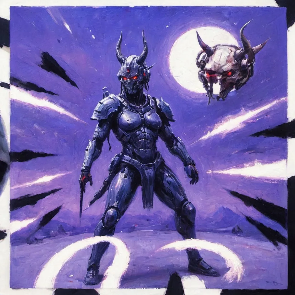 Prompt: Beautiful sci-fi concept art. Dinamic art. full body a futurist character with oni mask and samurai armor, humanoid style body with horns in back. [[replace eyes for car leds bar focus]].Techlogoic suite. helmet without face like sci-fi oni mask. led lights bar in the eyes. scarlet red background, dark blue elements, H.R Giger style reference. Dark fantasy style 0.4. Cyberpunk 0.6. .  3/4 view of body character.