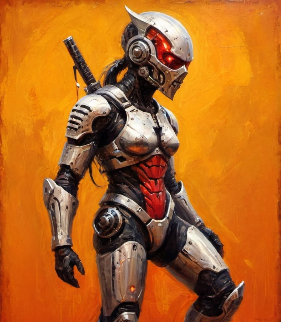 Prompt: Beautiful sci-fi concept art. Dinamic art. full body. Warrior with mask and ninja armor, humanoid style body. [[replace eyes for LEDS bar focus]].Technologic suite.motorcicle  helmet with LEDS like sci-fi mask. scarlet red background, orange,  yellow and dark elements, H.R Giger style reference. futristic style. Cyberpunk 0.6. .  3/4 view of body character.