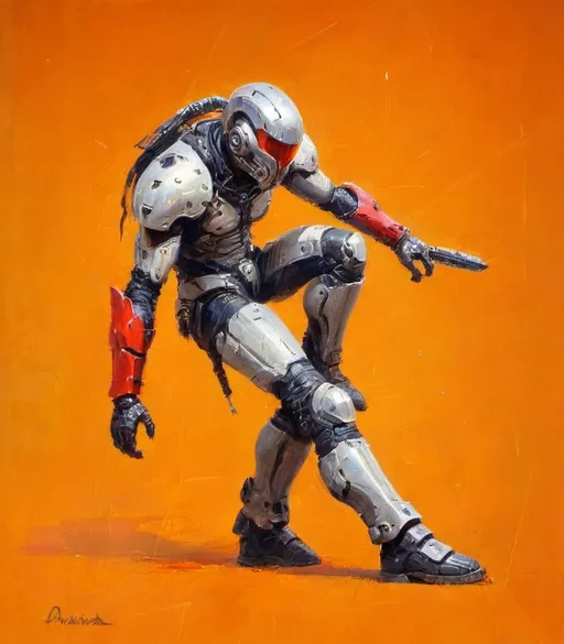 Prompt: Beautiful sci-fi concept art. Dinamic art. full body. Warrior with lLED Helmet and ninja armor, humanoid style body. [[replace eyes for LEDS bar focus]].Technologic suite.motorcicle  helmet with LEDS like sci-fi mask. scarlet red background, orange,  yellow and dark elements, H.R Giger style reference. futristic style. Cyberpunk 0.6. .  3/4 view of body character.
