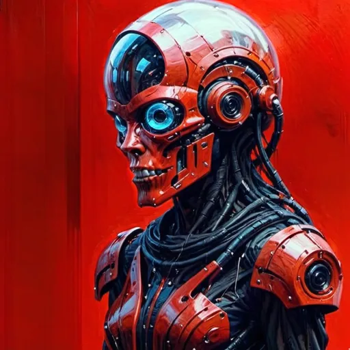 Prompt: Beautiful sci-fi concept art. full body.  3/4 view of body character. a futurist character without eyes, humanoid style body with horns in back. [[replace eyes for car leds bar focus]].Techlogoic suite. charactet without eyes and face llok like sci-fi skull. led lights bar in the eyes. scarlet red background, dark blue elements, H.R Giger style reference. Dark fantasy style 0.4. Cyberpunk 0.6