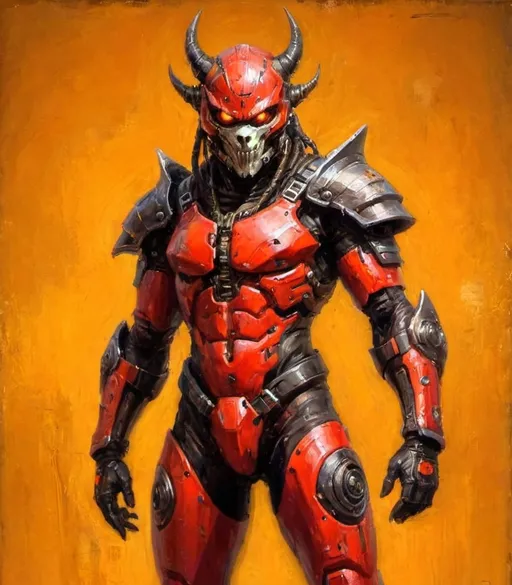 Prompt: Beautiful sci-fi concept art. Dinamic art. full body. Warrior with oni mask and ninja armor, humanoid style body. [[replace eyes for LEDS bar focus]].Technologic suite.motorcicle  helmet with LEDS like sci-fi mask. scarlet red background, orange,  yellow and dark elements, H.R Giger style reference. futristic style. Cyberpunk 0.6. .  3/4 view of body character.