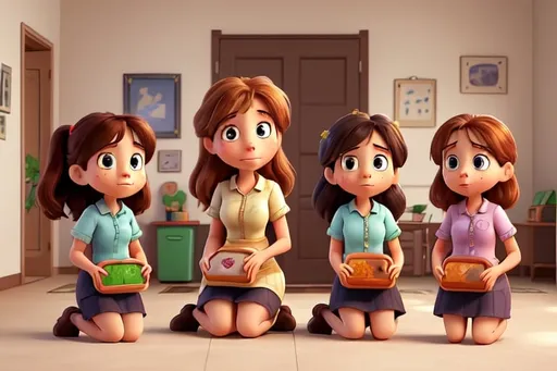 Prompt: an artwork depicting the faces of a mother and her three daughters as they look at a single lunchbox placed in front of them, their attention fully focused on it.