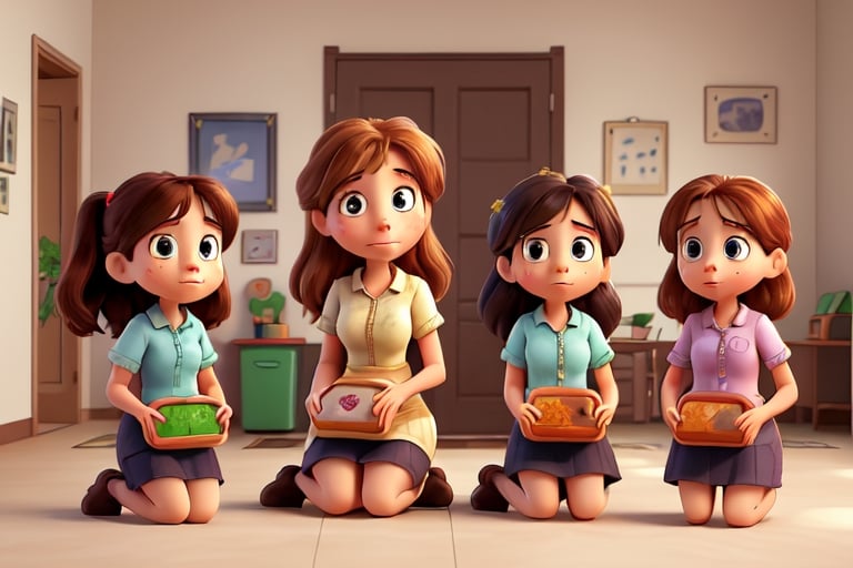 Prompt: an artwork depicting the faces of a mother and her three daughters as they look at a single lunchbox placed in front of them, their attention fully focused on it.