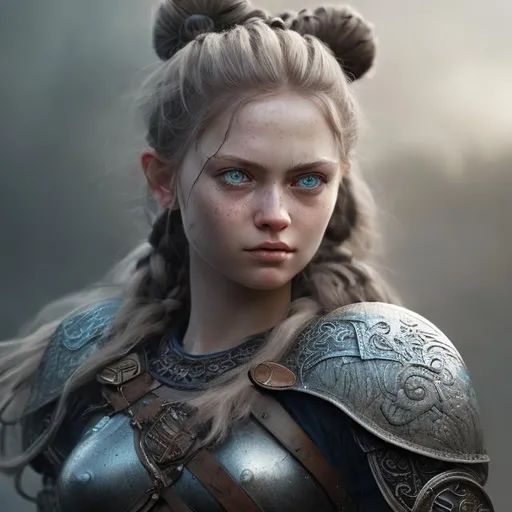 Prompt: she has black hair, create most beautiful fictional female viking princess warrior, black hair, light blue eyes, extremely detailed environment, detailed background, intricate, detailed skin, professionally color graded, photorealism, 8k, moody lighting