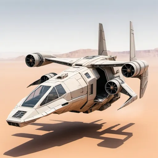 Prompt: A scifi VTOL or dropship. It has four propellers for starting and landing and also to hover in mid air. A big window in front for the pilot. Doors to the left and right and a ramp on the back. Its mainly in the colors of the desert. no background