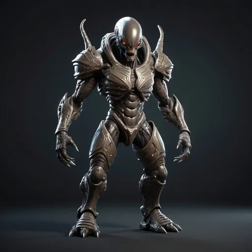 Prompt: An alien monster with a full body plate armor. Its standing upright with two hands and 2 feets. Looking aggressive. broad head. Dark skin. T-Pose. game asset