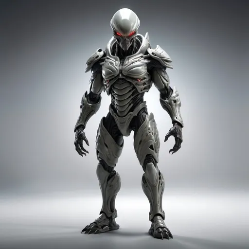 Prompt: An alien monster with a light gray full body plate armor. Its standing upright with two hands and 2 feets. Looking aggressive. Long head. Dark skin on the joints. T-Pose. game asset. fully visible. White background. symetrical. 