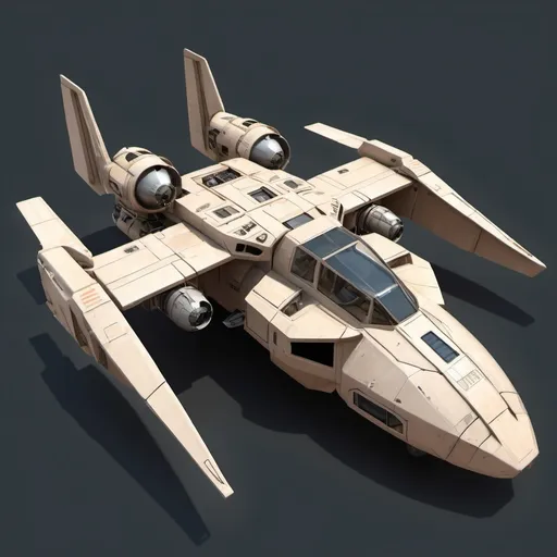 Prompt: A scifi VTOL or dropship. It has four propellers for starting and landing and also to hover in mid air. A big window in front for the pilot. Doors to the left and right and a ramp on the back. Its mainly in the colors of the desert. Its capable to carry 4-5 solderies for assaults. no background