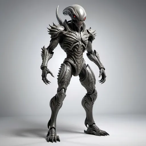 Prompt: An alien monster with a gray full body plate armor. Its standing upright with two hands and 2 feets. Looking aggressive. Long head. Dark skin. T-Pose. game asset. fully visible. White background. symetrical. 