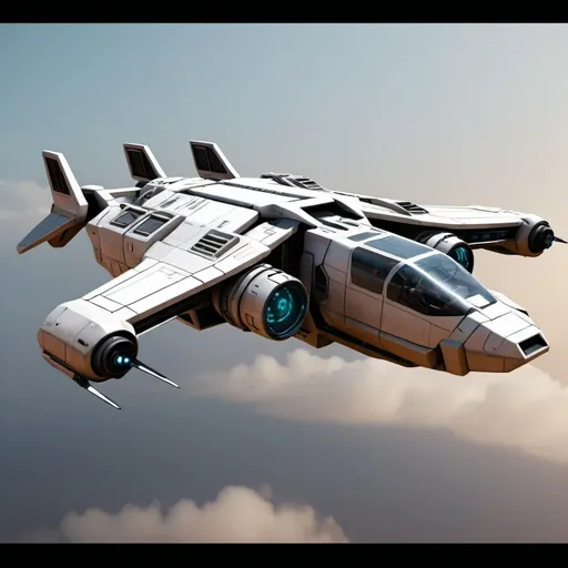 Prompt: A scifi VTOL or dropship. It has four engines for starting and landing and also to hover in mid air. A big window in front for the pilot. Doors to the left and right and a ramp on the back. Its mainly in the colors of the deset.