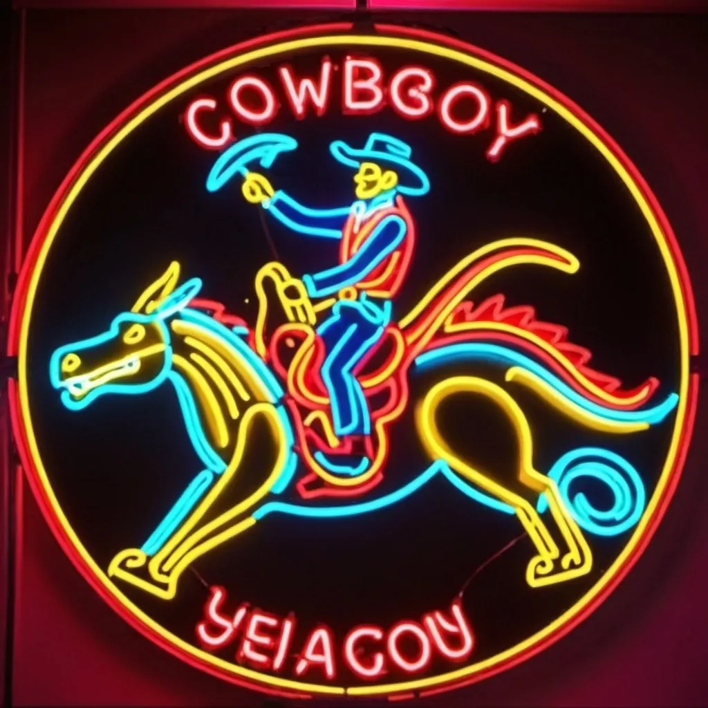 Prompt: A circular image of a neon sign of a cowboy riding a dragon 