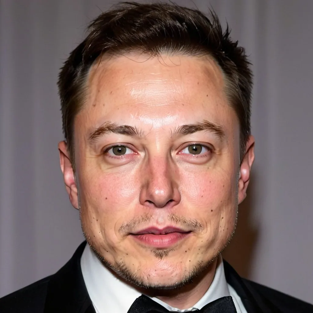 Prompt: Elon Musk has a relatively oval-shaped face with high cheekbones. He has a prominent jawline and a slightly pointed chin. His eyebrows are thick and well-defined, accentuating his piercing gaze. Musk has a straight nose that is of medium length and width. His lips are full and symmetrical, often seen in a slight smile. He has a clean-shaven face, with a hint of stubble occasionally visible. Musk's hair is typically styled in a short, neat hairstyle with a slight side part. Overall, Musk's facial features exude a sense of intelligence, determination, and confidence.