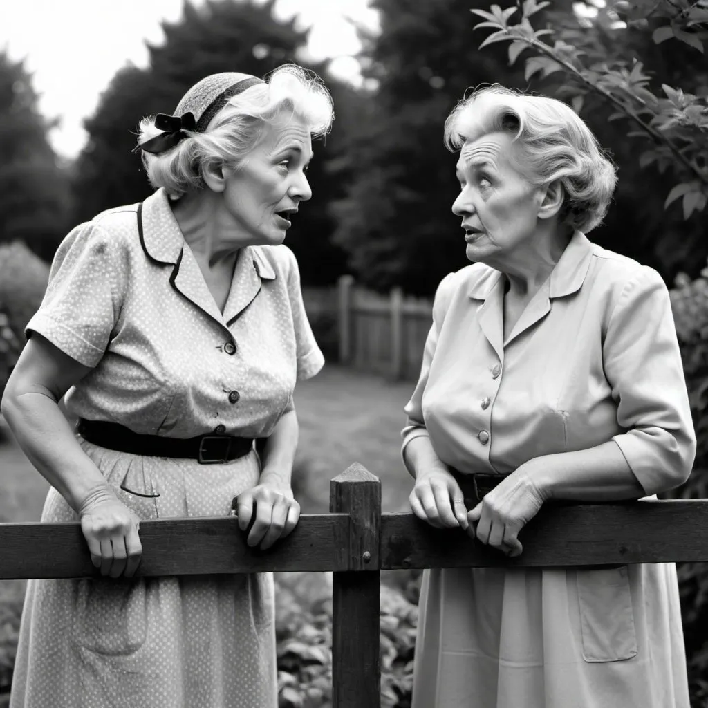 Prompt: Create an image of two ugly old women talking to each other over the garden fence. In black and white approximate 1950s