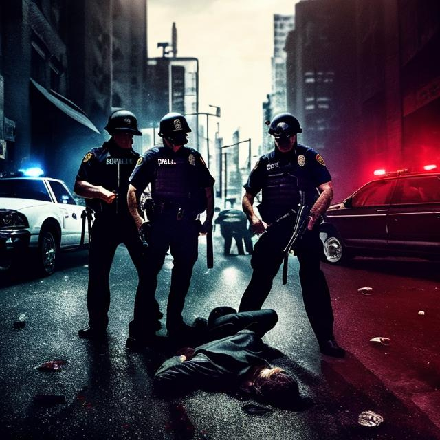 Prompt: Gritty crime scene of police officers eliminating mafia bosses, intense action, high-stakes showdown, cinematic depiction, dark and dramatic, urban noir, blood-splattered streets, dramatic lighting, high quality, hyper-realistic, noir, intense action, urban, cinematic, dramatic lighting, intense showdown