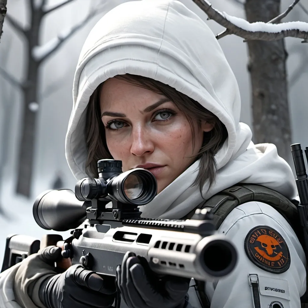 Prompt: a hyper-realistic photo of a female agent from the game the division. Female sniper, with snow hood, aiming, focus on face, focus on female agent's gaze, with a Barrett M82 sniper rifle, winter white death, snowy tree line, snow camouflage, light fog, position of shooting, photo art, beautiful photography, model agent face