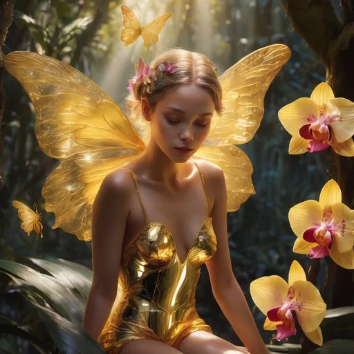 Prompt: [A highly detailed and realistic photo of a small golden fairy with a polished, mirror-like finish. Its large, translucent butterfly wings have intricate patterns etched into the golden membrane, and they shimmer with diamond-like reflections in the dappled sunlight. The fairy hovers gracefully above a bed of vibrant orchids, surrounded by 5-10 yellow canaries that flit and flutter around it. The lush tropical forest backdrop is filled with tall trees, lush foliage, and colorful orchids, all rendered with meticulous detail. The image is bathed in warm, natural sunlight that filters through the leaves, creating a magical and ethereal atmosphere.]