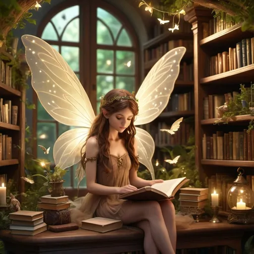 Prompt: create a brown hair fairy with wing in enchanted library
