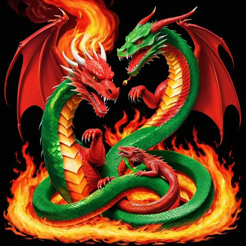 Prompt: Red dragon and green snake on fire 