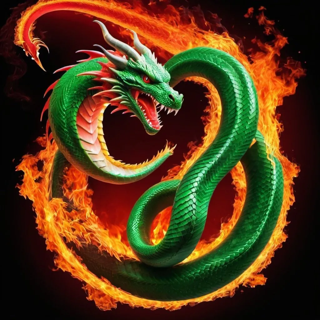 Prompt: Red dragon and green snake on fire 