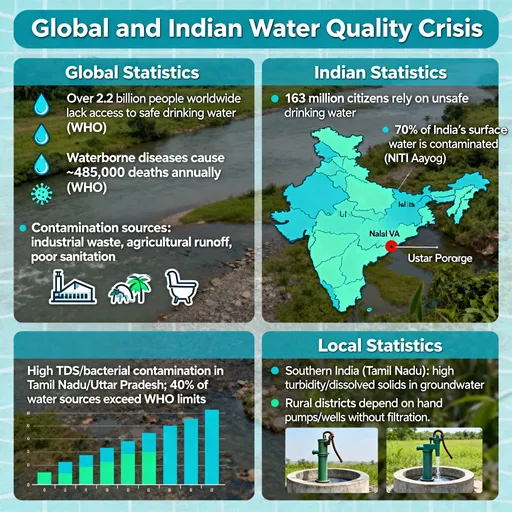 Prompt: Global Statistics
According to the World Health Organization (WHO), over 2.2 billion people worldwide lack access to safe drinking water, and waterborne diseases cause approximately 485,000 deaths each year. Contamination from industrial waste, agricultural runoff, and poor sanitation continues to worsen global water quality.

Indian Statistics
In India, around 163 million citizens rely on unsafe drinking water. Reports by NITI Aayog indicate that nearly 70% of India’s surface water is contaminated, affecting both urban and rural populations. States like Tamil Nadu and Uttar Pradesh face high TDS and bacterial contamination levels, with 40% of water sources exceeding WHO safety limits.

Local Statistics
In southern India, especially Tamil Nadu, consistent water testing reveals high turbidity and dissolved solids levels, especially in groundwater sources. Rural districts still depend on hand pumps and wells without filtration systems.
