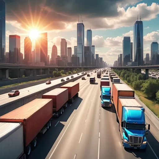 Prompt: multiple big rigs driving on a busy highway, (one larger leading), dynamic perspective, bustling traffic, ultra-detailed cityscape background, skyscrapers reflecting sunlight, vivid colors showcasing a lively atmosphere, dramatic sky with soft clouds, high-quality, cinematic lighting, powerful sense of movement and energy, expansive view capturing urban complexity, 4K.