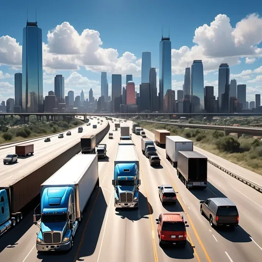 Prompt: photorealistic, (vibrant) colors, multiple big rigs, (speeding) down the interstate, (dynamic) urban landscape, skyscrapers in the background, (busy) highways bustling with vehicles, atmosphere of movement and energy, blue sky with (soft) clouds, sun reflecting off the rigs, ultra-detailed, HD quality, capturing the essence of modern transportation.