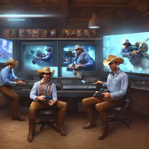 Prompt: Underdressed cowboys playing videogames on RGB gaming computers, photorealistic, 