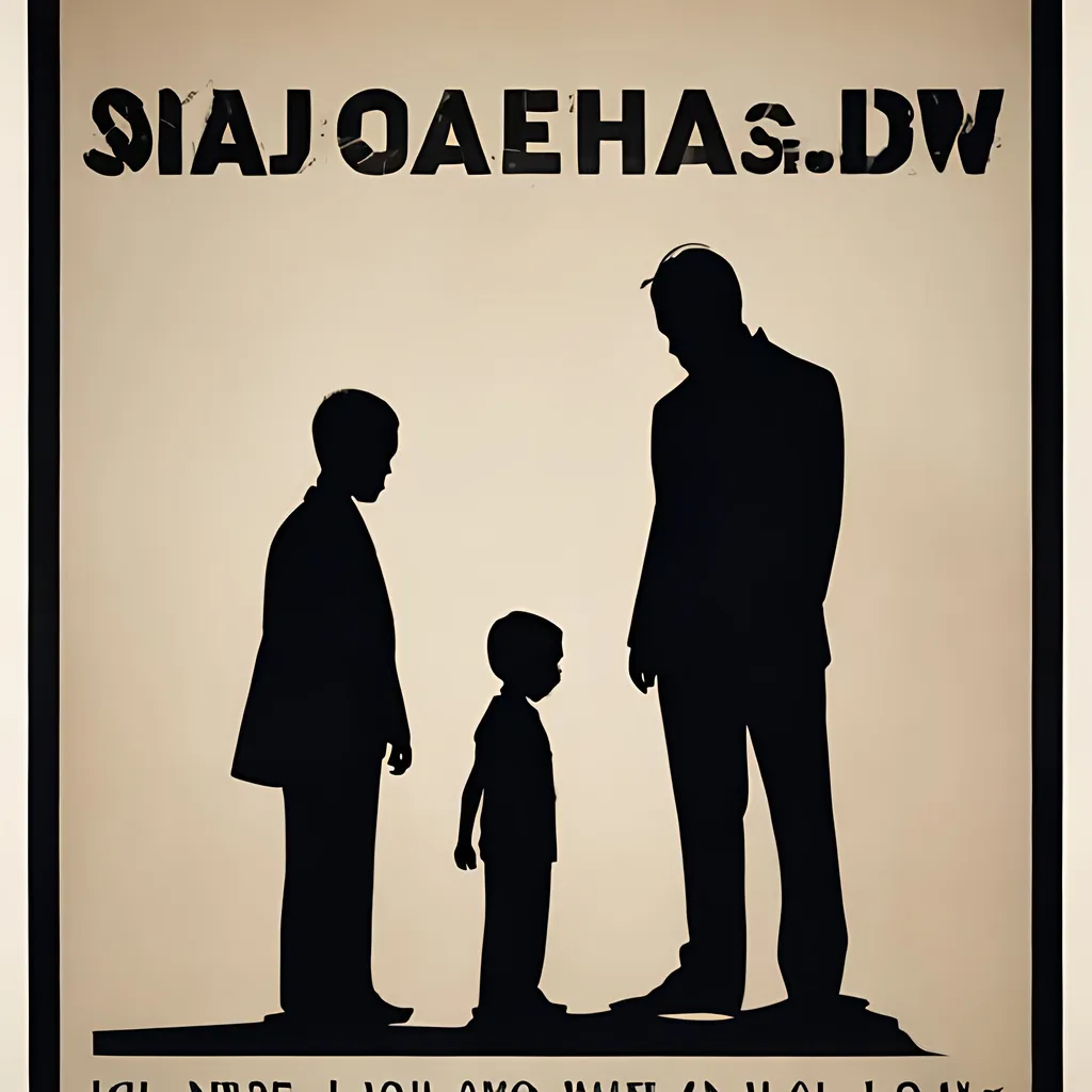 Prompt: poster reflects the shadow of a father and son who appear to be in a --cabinet, with a white background.