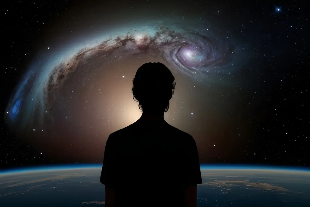 Prompt: Generate an image of a person, pondering the universe's mysteries. The person should be in silouette and the intensity of the image should be focused on the pondering that the person is doing. Image the pondering as if flows out of them to interact with the cosmos as it stretches out into the everlasting expanse of space and time touching everything and causing reactions.