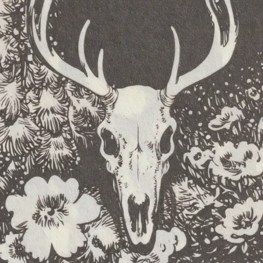 Prompt: a picture with the left half of it a deer skull and the right half is flowers