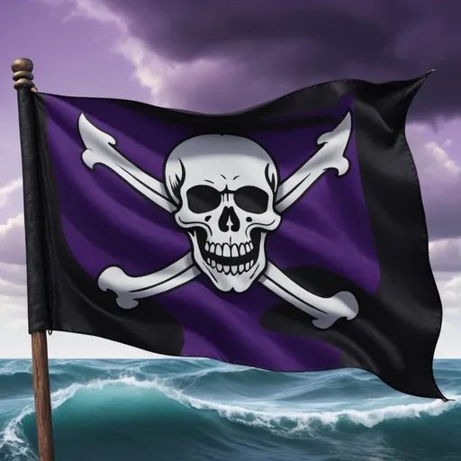 Prompt: Majestic pirate flag, floating on the waves, ominous black skull on vibrant purple fabric, intricate details, realistic textures, high-resolution, striking contrast, dramatic lighting, waves gently splashing, fantasy elements, photorealistic quality, digital illustration, by renowned fantasy artists, Artstation. 