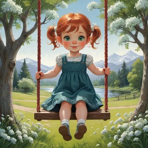 Prompt: There is a lovely, serene, peaceful, feeling evoking landscape. In the middle of this lovely valley of lush green grass, runs a river. A white picket fence lines the yard and the dark shapes of gorgeous blue and gray hues outline the shapes of mountains on the horizons, hemmed by the sky that is as light and beautiful as dawn. There is a tree in the center of the yard, with lush leaves and thick, strong branches. A swing hangs from a high branch, the little seat possessed by a lovely, innocent, sweet, serene child, her hair in pigtails and her green eyes sparkling from under her bangs as she swings. Her little blue cotton dress is cute. The tree is adorned with little white flowers and buds and blossoms and blooms, and one such bloom adorns the child’s red hair, the ropes of the swings are made of woven rope and leaves and lilies. White flowers  are woven in the ropes of the swing. Joyful delightful, emotion evoking.