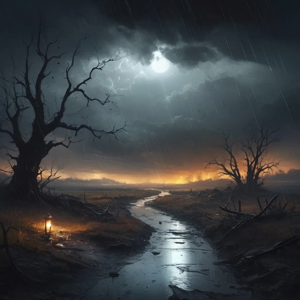 Prompt: Melancholic fantasy landscape, transition from light to darkness, symbolic representation of lost love, emotional turmoil, tears turning into rain, shattered illusions, desolate atmosphere, poetic inspiration, digital painting, intricate details, surreal elements, contrasting color palette of light and dark shades, dramatic lighting effects, evocative and haunting ambiance, no specific artist, Artstation.