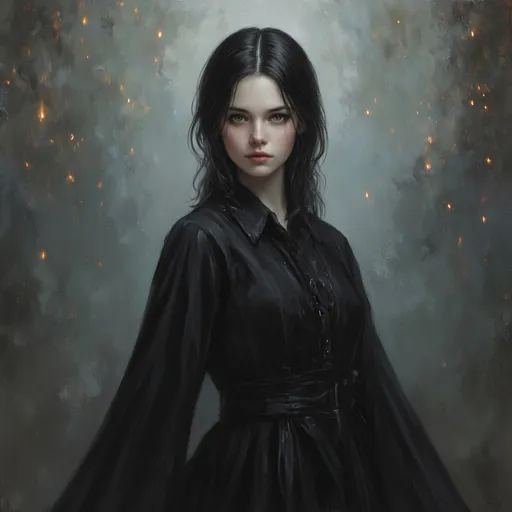 Prompt: (beautiful fantasy portrait), young wizardess, (sharp features), dark eyes, pale skin, dark shoulder-length hair, wearing all black, modest attire, oil painting, epic atmosphere, dramatic lighting, intricate details, ethereal background, enchanting ambiance, vibrant contrasts, capturing the essence of magic and allure, ultra-detailed, always captivating, evokes a sense of wonder.