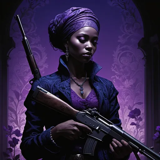 Prompt: Gunshy, evocative storytelling, digital art, intricate details, deep blues, purples, blacks, dramatic lighting.